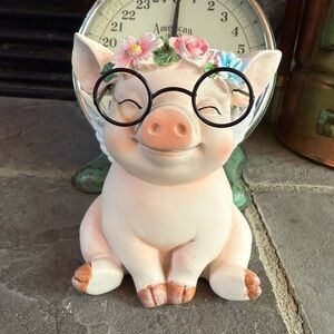 Cute Piggy Figurine with Glasses and Flowers